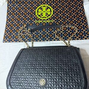 Tory Burch Black Quilted Shoulder Bag with Gold Accents
